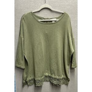 CJ Banks Woman’s Green Knit Top Short Sleeve Rayon Blend With Crochet Trim 2X